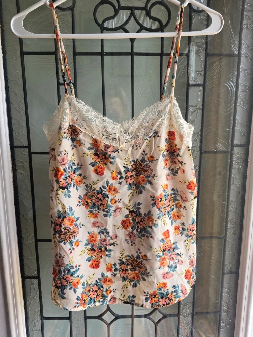 Wet Seal Cream Floral Lace-Trim Cami with Orange & Blue Flowers